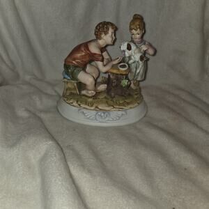 Andrea by Sedak Bisque Figurine Children Feeding Labrador Porcelain